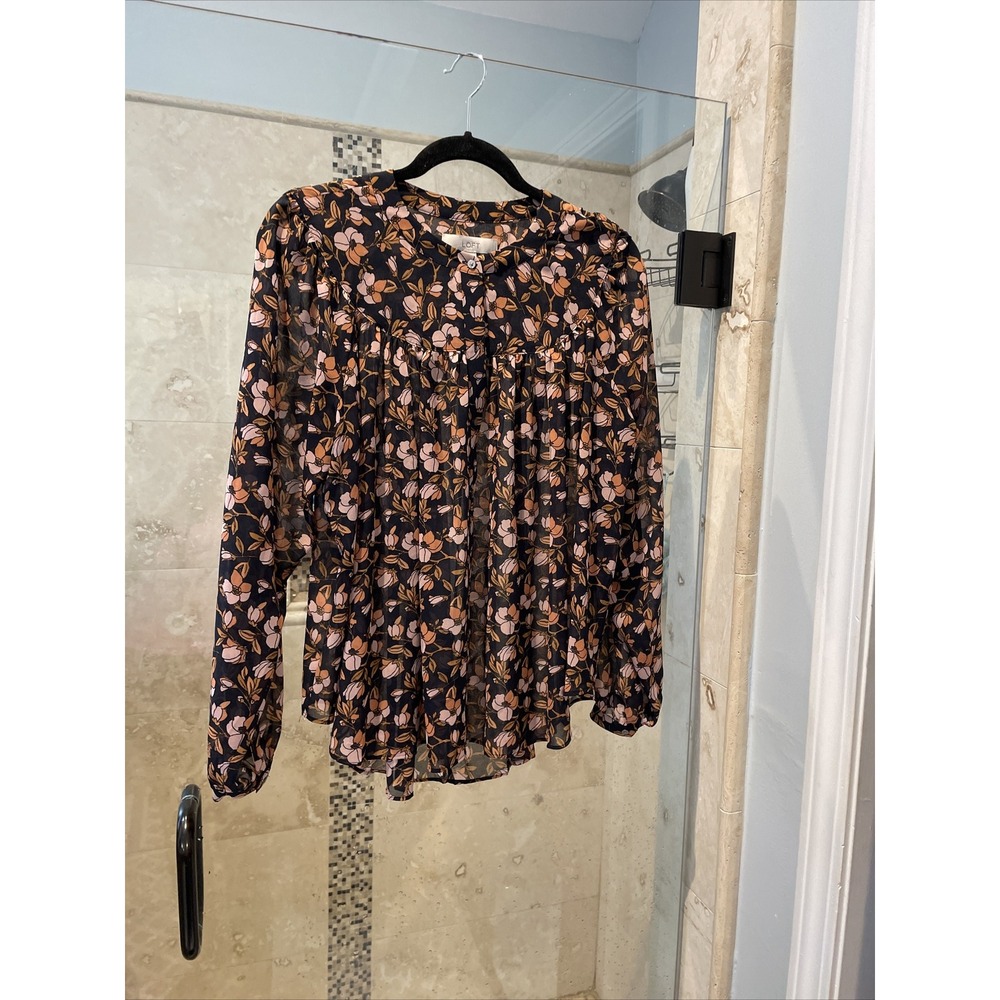 LOFT Women Floral Blouse Pink Black Blue Sheer Long Bell Sleeve Top S Pullover
